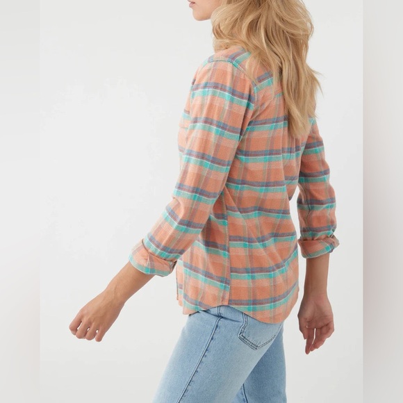 NWT O’Neill NASH FLANNEL TOP shirt peach plaid print soft cotton button up - Picture 3 of 11